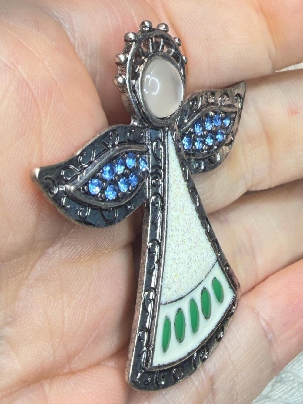 Kenneth Cole Angel Brooch | Blue Rhinestone Enamel Pin | Vintage Figural Jewelry - Picture 3 of 7